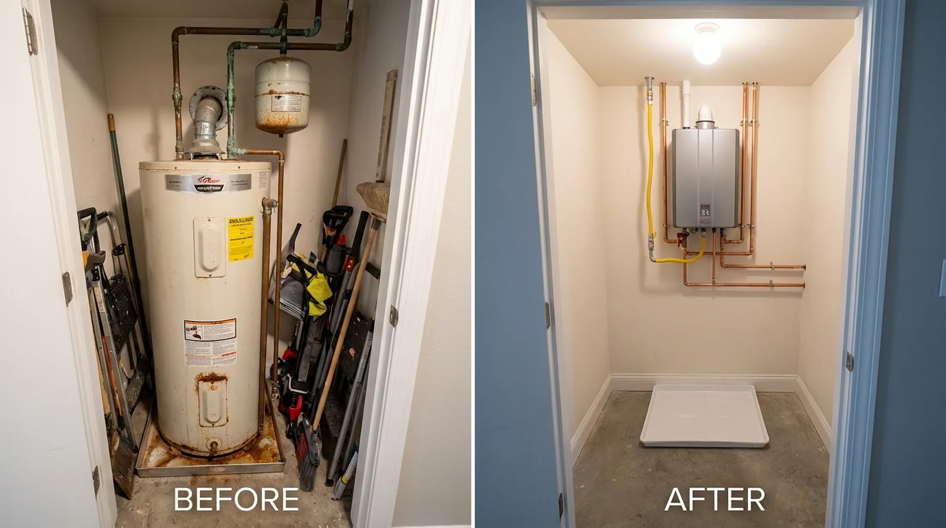 Tank water heater versus wall-mounted tankless unit comparison for Broken Arrow, OK homeowners