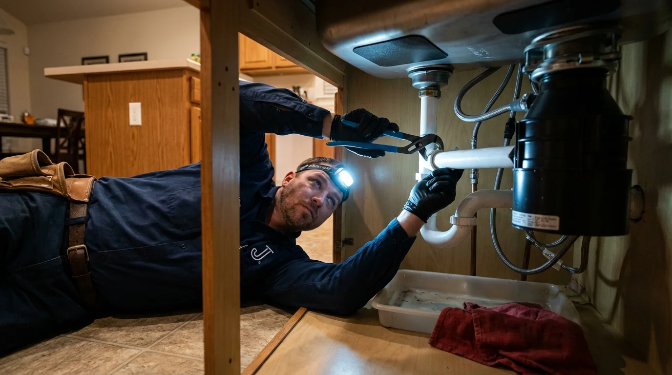 P-trap and supply line connections under a kitchen sink showing a common leak point in Broken Arrow, OK
